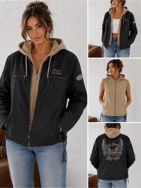 Harley Davidson 3-in-1 Hooded Riding Jacket Womens XL Black Canvas Vest Graphic